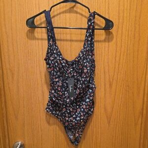 Lulu's Navy Floral Scoop Neck Bodysuit